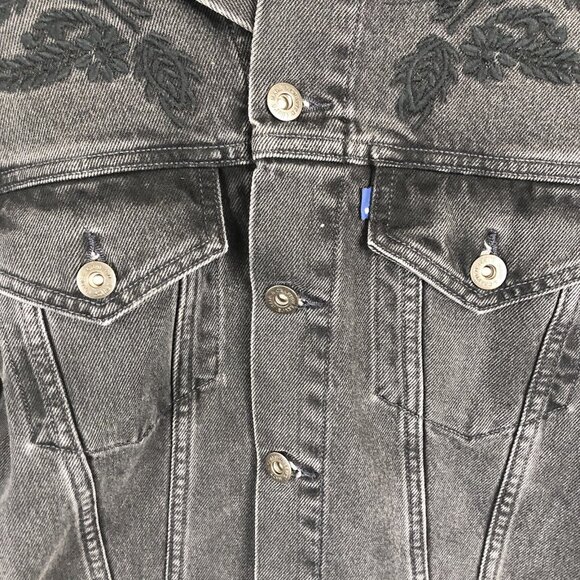 Levis Jean Jacket S Black Faded Made & Crafter Upcycled Boutique Cutouts Biker - Picture 12 of 16